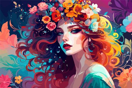 beautiful women portrait with flowers vector art wallpaper in colorful backgroundのイラスト素材