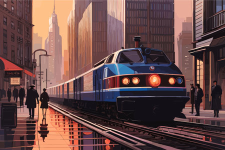 vector art of a cityscape with a train and peaple.