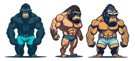 set of three cartoons of bodybuilding monkeys, gorillas isolated in white backgroundのイラスト素材