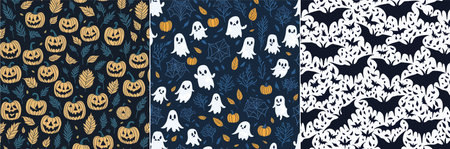 set of three happy Halloween patterns with pumpkins, ghosts, black bats in dark backgroundのイラスト素材