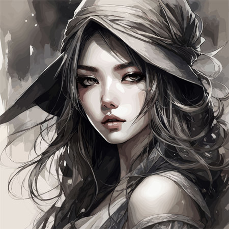 beautiful women portrait black line vector art wallpaper in white backgroundのイラスト素材