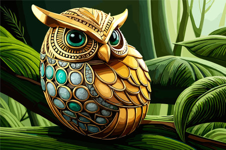vector art of jewelry gold owl in green background with leavesのイラスト素材
