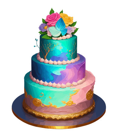 A colorful cake on a table. isolated in white backgroundのイラスト素材