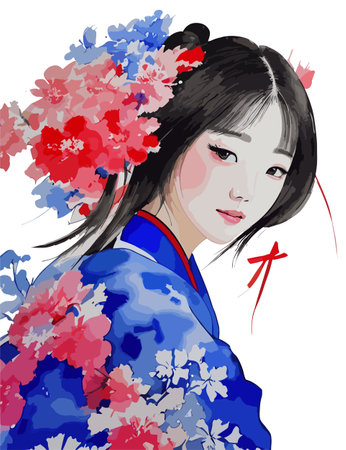 beautiful women portrait with flowers vector art wallpaper in colorful backgroundのイラスト素材