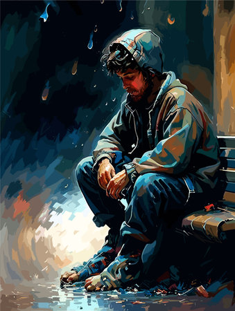 A man sitting in a chair in rainy day lonelyのイラスト素材
