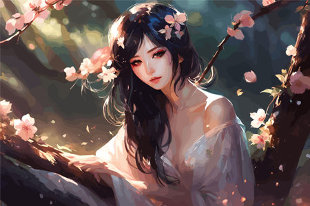 beautiful women portrait with flowers vector art wallpaper in colorful backgroundのイラスト素材