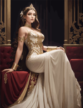 beautiful girl like princes sitting with long white dress A person in a wedding dressのイラスト素材