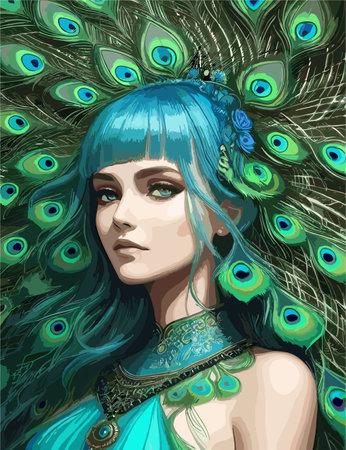 vector art of portrait of beautiful girl with peacock feathers in backgroundのイラスト素材
