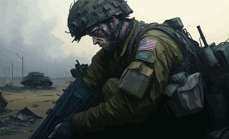 The aftermath of war, Create a composition portraying the struggles faced by soldiers after returning home, focusing on the mental and physical challenges they endureのイラスト素材