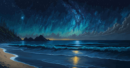 oil painting-style depiction of a secluded beach under a starry night sky. Capture the Milky Way stretching across the heavens, and showcase the bioluminescent glow of plankton in the water, creating a mesmerizing scene of natural luminescenceのイラスト素材