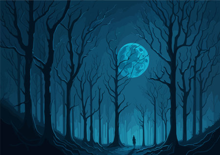 spooky, moonlit lake surrounded by dense, tangled forests. A ghostly figure emerges from the water, while a foggy mist envelops the scene, adding an ethereal touchのイラスト素材