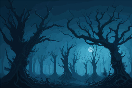A haunted forest illuminated by an eerie full moon, with twisted, skeletal trees reaching towards the sky. The foggy atmosphere adds an element of mystery to the sceneのイラスト素材