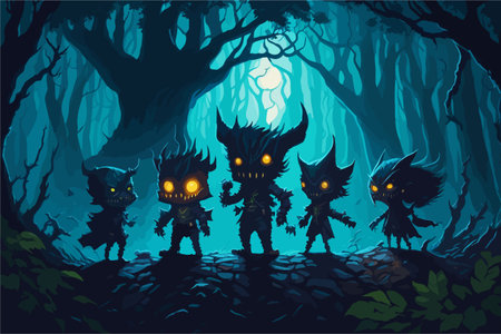 A playful group of children dressed as monsters and superheroes, engaged in a thrilling game of hide-and-seek in a moonlit forest. Their costumes blend with the shadows, adding an air of mysteryのイラスト素材