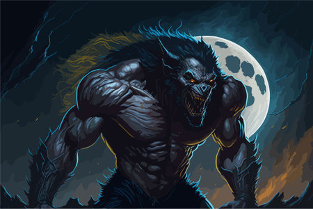 A fearsome werewolf, caught mid-transformation under a full moon. The creatures body contorts with muscle and fur, while its eyes burn with a mix of hunger and anguishのイラスト素材