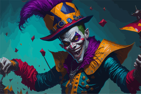 A playful trickster spirit, depicted as a mischievous jester with a wide grin and brightly colored attire. The spirit dances through a haunted carnival, causing mayhem and laughter in its wakeのイラスト素材