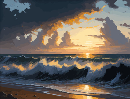 A serene coastal scene at sunset with dramatic cloud formations and crashing waves, capturing the interplay of light and shadowsのイラスト素材