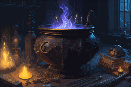 witchs cauldron bubbling with a magical potion, surrounded by flickering candles and spell books. The room is filled with mystical artifacts, from crystal balls to potion bottlesのイラスト素材