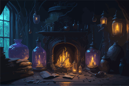 A witchs den filled with potion bottles, spell books, and magical artifacts. Bubbling cauldrons and floating candles hover in the air, creating an enchanting and atmospheric scene,のイラスト素材