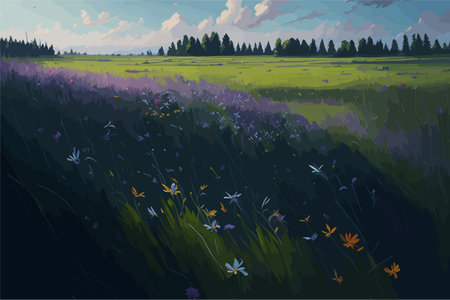A tranquil meadow filled with colorful wildflowers, with a gentle breeze causing the grass to sway, and butterflies dancing from flower to flowerのイラスト素材