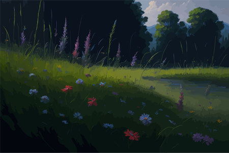 A tranquil meadow filled with colorful wildflowers, with a gentle breeze causing the grass to sway, and butterflies dancing from flower to flowerのイラスト素材