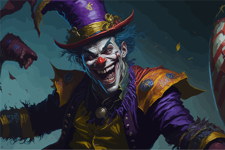 A playful trickster spirit, depicted as a mischievous jester with a wide grin and brightly colored attire. The spirit dances through a haunted carnival, causing mayhem and laughter in its wakeのイラスト素材