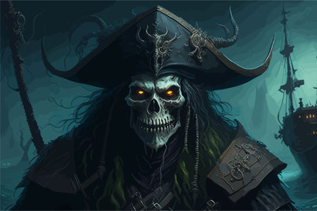 A ghastly pirate captain, cursed to roam the seas eternally. He wears tattered, seaweed-covered clothing and a weathered tricorn hat, his skeletal crew visible behind him as they haunt their ghostly shipのイラスト素材