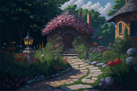 A whimsical garden filled with blooming flowers of all colors and varieties, with a charming stone pathway leading to a hidden gazeboのイラスト素材
