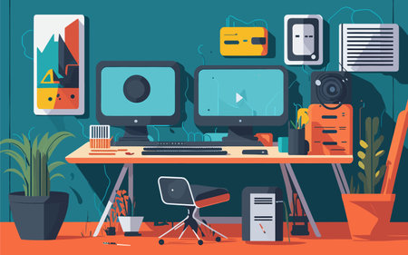 vector based background illustration illustrating a sleek and minimalistic workspace with a modern desk, computer screens, and artistic elements like a paintbrush or musical instruments. The illustration should target artists and creatives seeking visually appealing backgrounds for their online portfolios, digital presentations, or social media posts.のイラスト素材
