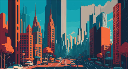 vector background image that represents the essence of a bustling cityscape, with towering skyscrapers, intricate road networks, and a dynamic mix of urban elements.のイラスト素材