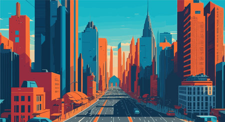 vector background image that represents the essence of a bustling cityscape, with towering skyscrapers, intricate road networks, and a dynamic mix of urban elements.のイラスト素材