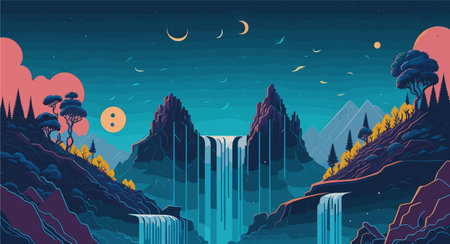 vector-style background image featuring a surreal landscape with floating islands, cascading waterfalls, and a mesmerizing starry skyのイラスト素材
