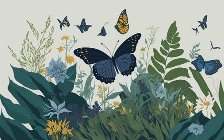 vector background image that highlights the importance of conservation, using minimalistic elements like a delicate butterfly resting on a flower, surrounded by other native plants and animals, symbolizing the need to protect and preserve biodiversity.のイラスト素材