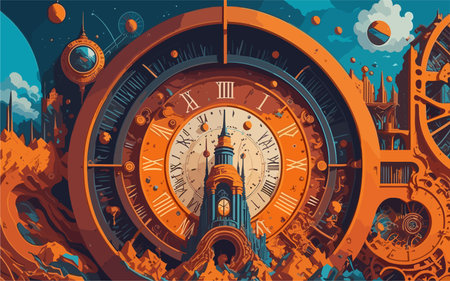 vector-style background image that represents the concept of time travel, incorporating elements...