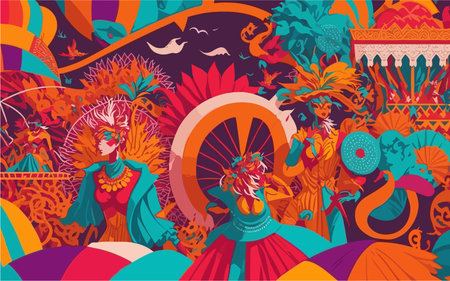 vector background image that showcases a vibrant carnival or festival, with intricate costumes, lively dancers, colorful decorations, and an atmosphere of celebration and joy.のイラスト素材