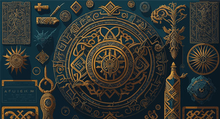complex vector background image with a fusion of cultural symbols from around the world, incorporating elements like ancient hieroglyphics, Celtic knots, and Native American totems.のイラスト素材
