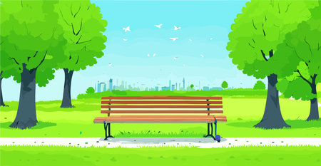 peaceful park landscape with green grass, a paved pathway, and a few park benches. playground picnic area liveliness . Vector illustrationのイラスト素材