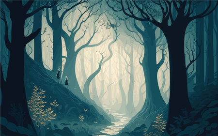 illustration showcasing an enchanting and magical forest. Depict towering trees with twisting branches, glowing mushrooms, and mystical creatures. fairy dust, winding path leading into the depths of the forest. fantasy book covers, storytelling illustrations, whimsical designs.のイラスト素材