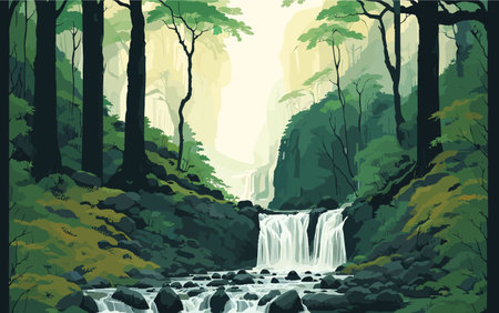tranquil illustration a serene waterfall nestled within a lush forest. Depict the waterfall cascading down moss covered rocks, surrounded by verdant foliage and trees. natural beauty. for nature inspired artwork, relaxation themed designs, or environmental campaigns.のイラスト素材