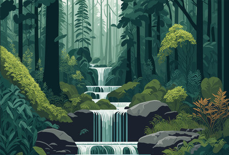tranquil illustration a serene waterfall nestled within a lush forest. Depict the waterfall cascading down moss covered rocks, surrounded by verdant foliage and trees. natural beauty. for nature inspired artwork, relaxation themed designs, or environmental campaigns.のイラスト素材