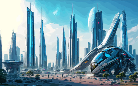 a futuristic cityscape with sleek skyscrapers, flying cars, and high-tech infrastructure. futuristic landmarks or holographic advertisements to enhance the sci-fi feelのイラスト素材