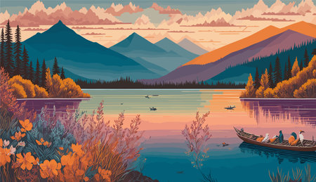 illustration of tranquil lakeside scene. Depict a serene lake surrounded by majestic mountains, with colorful wildflowers dotting the landscape. travel brochures, nature inspired designs, or relaxation themed materials.のイラスト素材