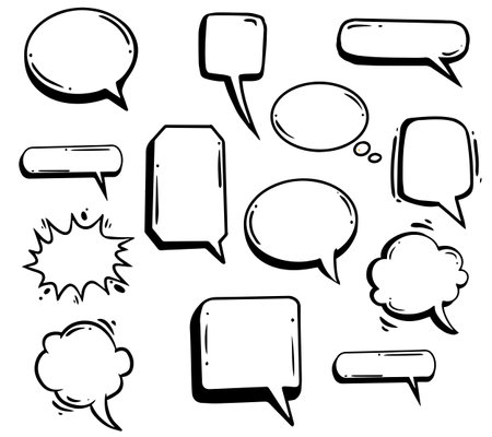vectors of empty comic speech bubbles flat style, massage boxes, white and blackのイラスト素材