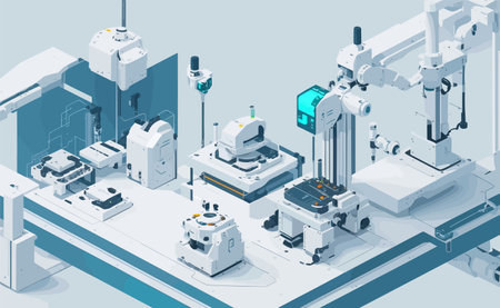 vector background illustration that showcases a robotics laboratory. clean design with a white color palette. robotic arms, circuit boards, and scientists working on innovative AI algorithmsのイラスト素材