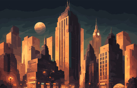 nighttime cityscape background illustration with a vintage-inspired aesthetic. warm and muted colors ,old film photograph. architectural landmarks charmのイラスト素材
