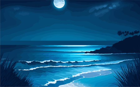 vector background illustration that portrays a peaceful coastal scene at night. moonlit beach. rolling waves, tranquility and serenity.のイラスト素材