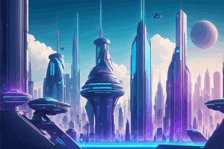 futuristic cityscape background illustration with advanced robotics and AI technology. flying drones, holographic displays, high-tech and interconnected societyのイラスト素材