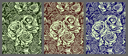 set of rose flowers and leaves background decoration pattern, line styleのイラスト素材