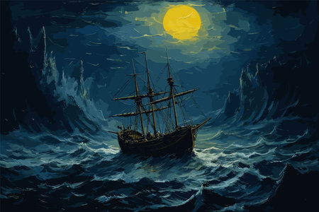 vector art of a painted art of a ship in a rough sea waves, moon in dark skyのイラスト素材