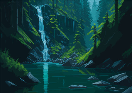 a vector background image inspired by the natural world, showcasing a lush rainforest teeming with diverse flora and fauna, cascading waterfalls, and rays of sunlight piercing through the dense canopy.のイラスト素材