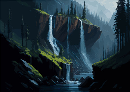 a vector background image inspired by the natural world, showcasing a lush rainforest teeming with diverse flora and fauna, cascading waterfalls, and rays of sunlight piercing through the dense canopy.のイラスト素材